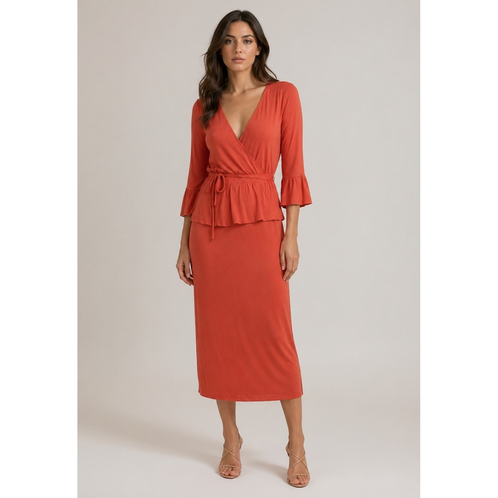 ASOS Maxi Wrap Dress Womens 6 Coral Pink Viscose Ruffle Waist V-Neck
